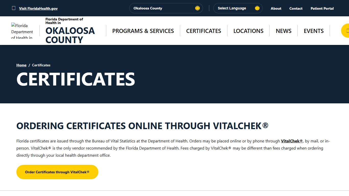 Certificates - Florida Department of Health in Okaloosa County